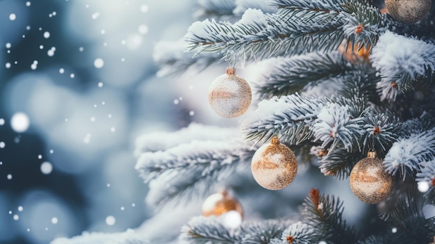 Kiefer geschmückt mit Weihnachtskugeln im Schneewinter auf Bokeh-Hintergrund