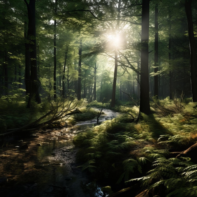 Foto kiefern im wald bei sonnenuntergang 3d-rendering