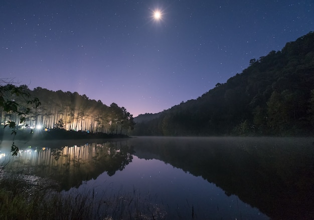 Kiefernwald Lichtschein mit dem Mond am Stausee im Morgengrauen, Pang Oung, Mae Hong Son, Thailand