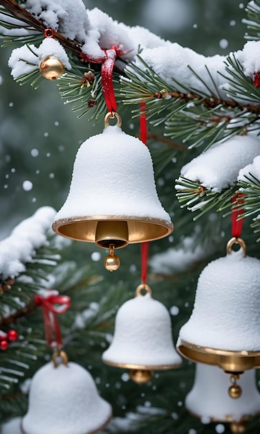 Kiefernzweige, geschmückt mit schneebedeckten Glocken, morgendlicher Wald im Freien, Nahaufnahme