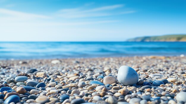 Kieselsteine an einem Strand mit einem einsamen runden Stein in der Mitte, die das Gleichgewicht und die Ruhe symbolisieren.