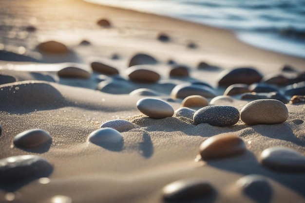 Kieselsteine auf dem Sand mit einem Felsen in der Mitte