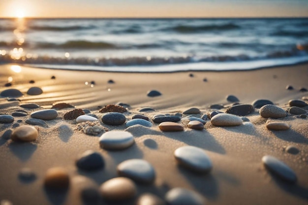 Kieselsteine auf dem Sand mit einem Sonnenuntergang im Hintergrund