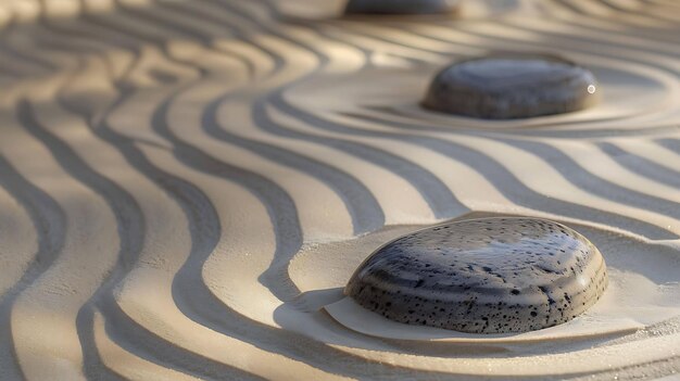 Kieselsteine im Sand schaffen eine beruhigende und friedliche Szene. Die neutralen Farben und sanften Texturen sind perfekt, um eine entspannende Atmosphäre zu schaffen.