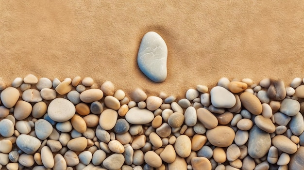 Kieselsteine liegen in bestimmter Reihenfolge im Sand. Zen-Meditation Generative KI