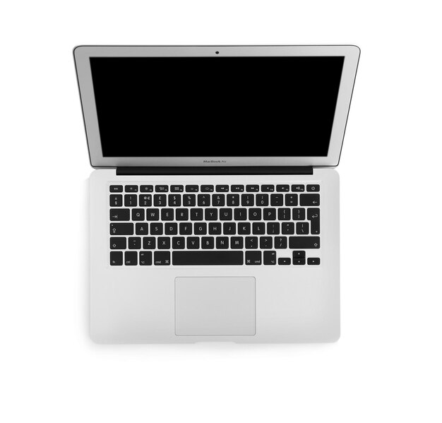 KIEW UKRAINE 27. OKTOBER 2017 Apple MacBook Air Silber auf weißem Hintergrund, Draufsicht