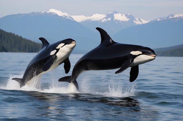 Foto killer wale orcinus orca pair leaping kanada (käuferwale oder orcas)