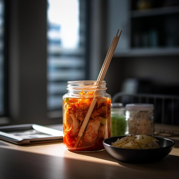 Kimchi caseiro em frasco de vidro no balcão da cozinha