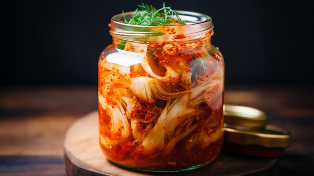 kimchi casero en un frasco de primer plano enfoque selectivo