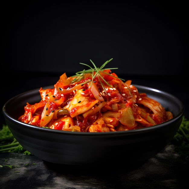 Kimchi coreano hecho con col china en un tazón negro fondo negro vista lateral primer plano