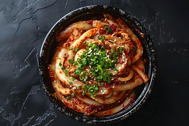 Foto kimchi en fondo negro de arriba hacia abajo vista de la cocina coreana concepto de cocina coreana kimchi fotografía de comida de abajo hacia arriba vista de fondo negro