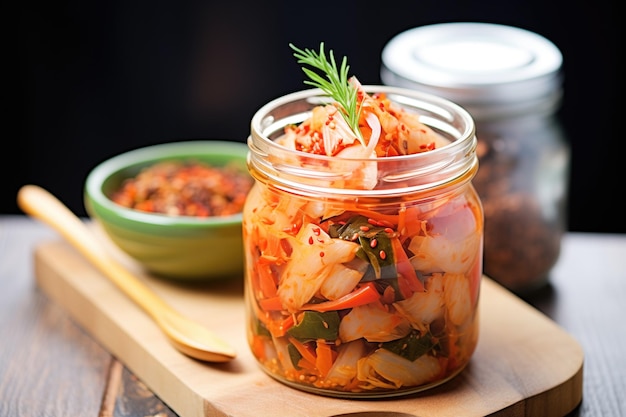 Kimchi fresco en un frasco de vidrio con chiles cerca