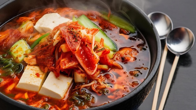 Kimchi jikae oder Kimchi-Suppe, die in einer Schüssel zu essen ist