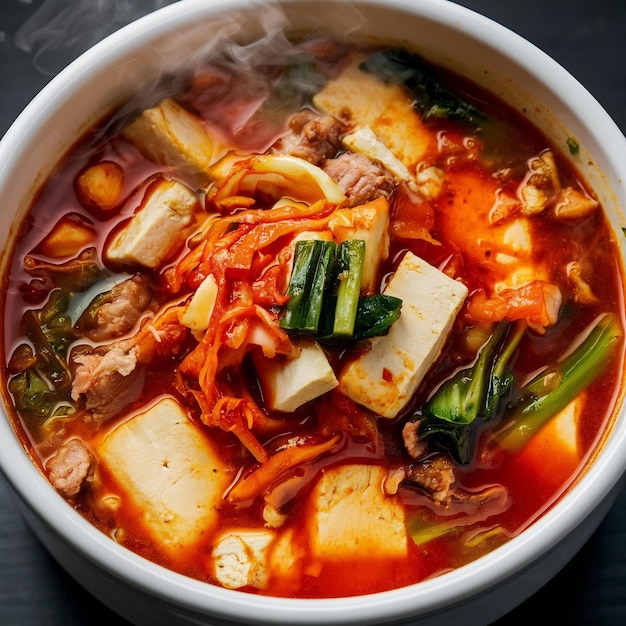 Foto kimchi jikae ou sopa de kimchi pronta para comer em uma tigela