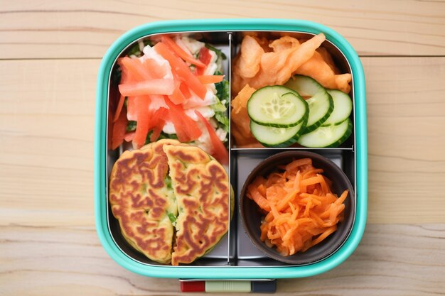 Kimchi-Pfannkuchen zum Mittagessen in einer Bento-Box verpackt