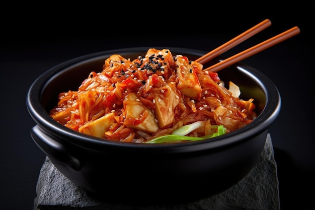 Foto kimchi picante de comida coreana en un bol con palillos