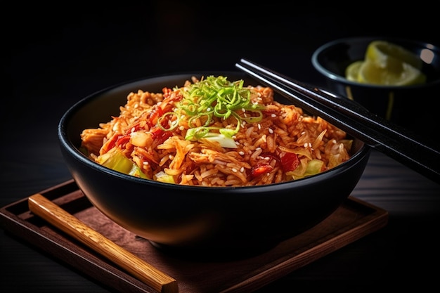 Foto kimchi picante de comida coreana en un bol con palillos