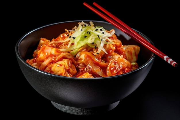 Foto kimchi picante de comida coreana en un bol con palillos