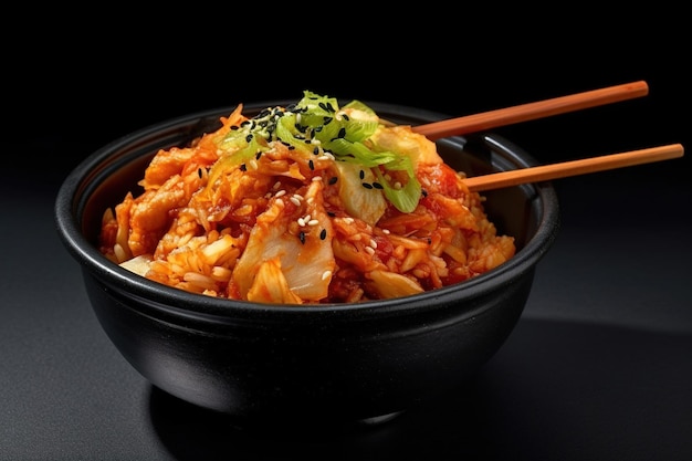 Foto kimchi picante de comida coreana en un bol con palillos