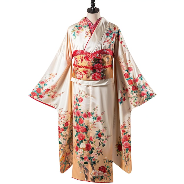 Foto kimono japonés en un maniquí aislado sobre un fondo blanco