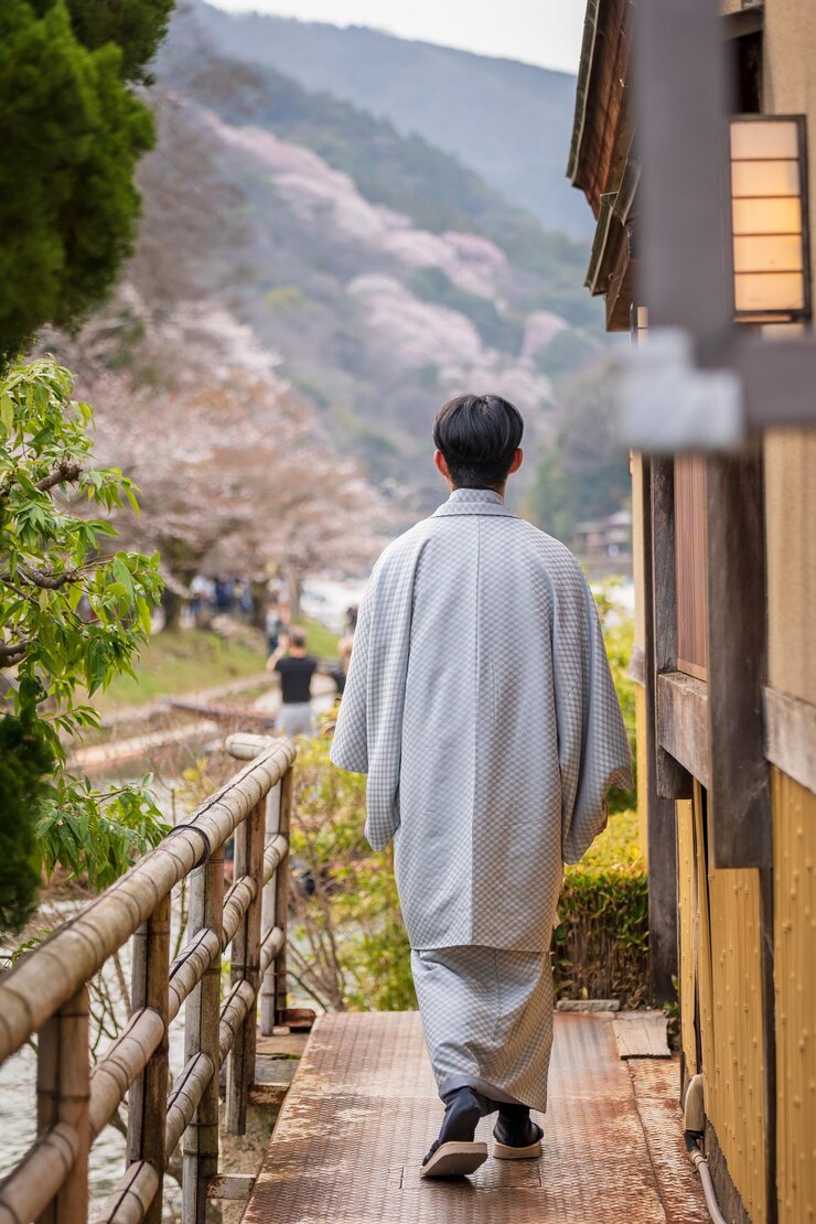 Kimono japonés Retrato de fotografía de vista trasera Kioto Japón Fondo de vista tradicional japonés