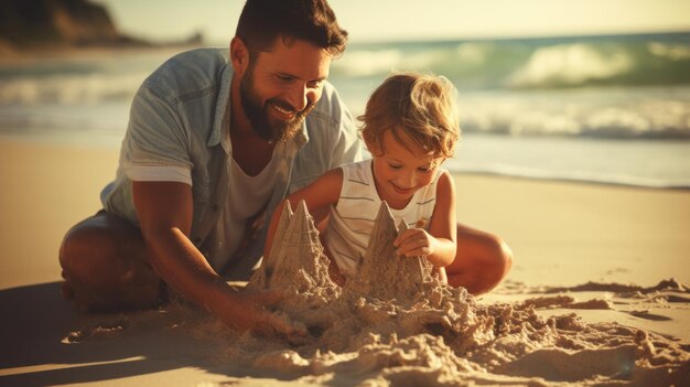 Kind am Strand mit Sandschloss