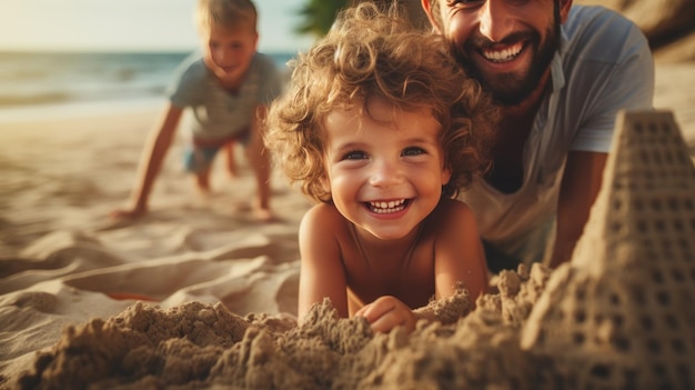 Kind am Strand mit Sandschloss