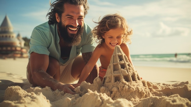 Kind am Strand mit Sandschloss