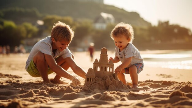 Kind am Strand mit Sandschloss