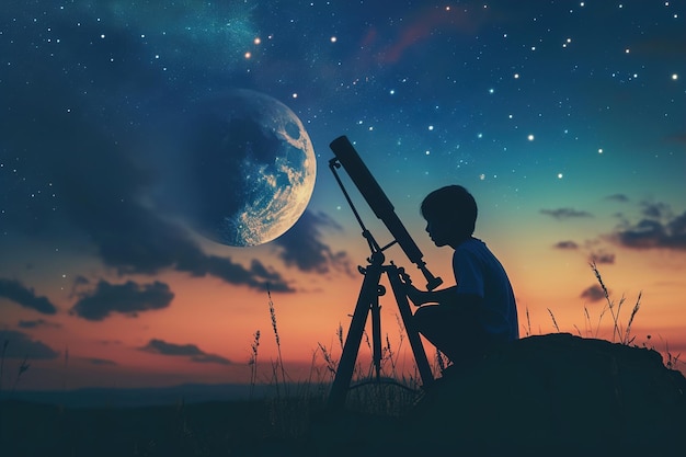 Foto kind beobachtet im teleskop himmelskörper wie den mond, sterne und planeten