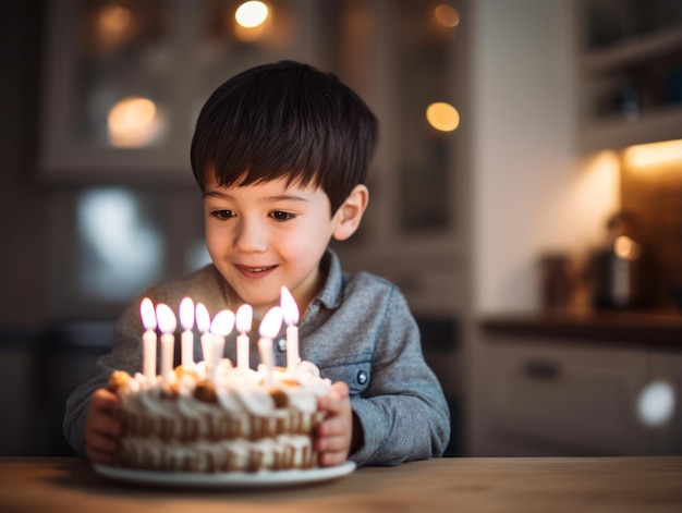 Kind bläst die Kerzen auf seiner Geburtstagstorte aus