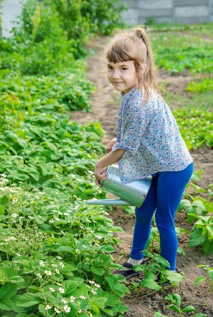 Kind, das Blumen im Garten wässert Selektiver Fokus