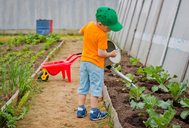 Kind, das den Garten gießt