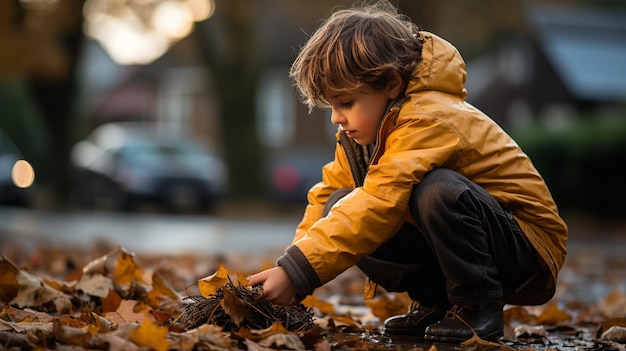 Kind, das im Herbst mit Blättern spielt, erzeugt mit KI