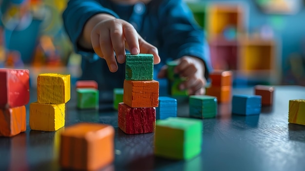 Kind, das mit bunten Holzblöcken spielt Konzept der Erziehung zur frühen Entwicklung