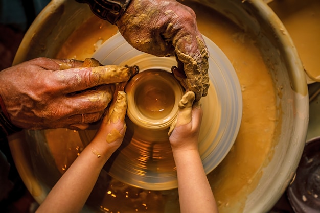 Kind der Kunst, einen Topf oder eine Vase aus Ton zu machen. Leute, die an Töpfern arbeiten.