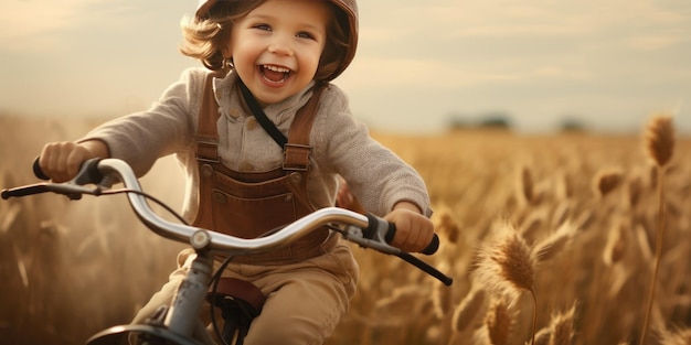 Kind fährt ein altes Fahrrad durch ein Feld generative KI