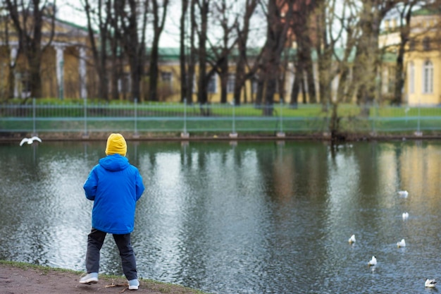 Kind füttert Tee im Park am Teich