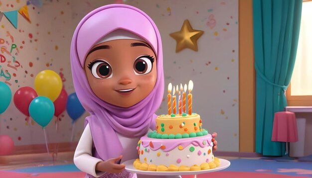 Kind geburtstag karikatur 3d-stil mädchen junge glücklicher raum hijab muslim