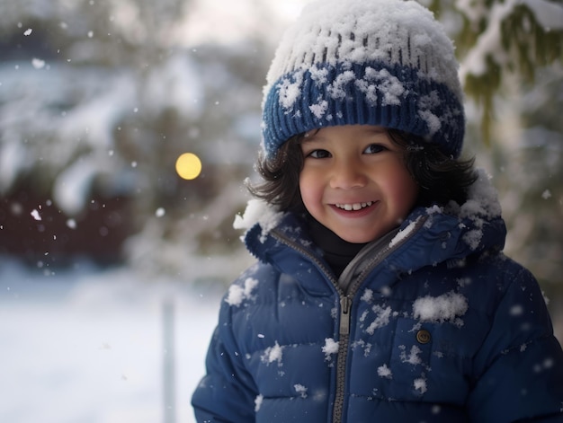 Kind genießt den verschneiten Wintertag in spielerischer Pose