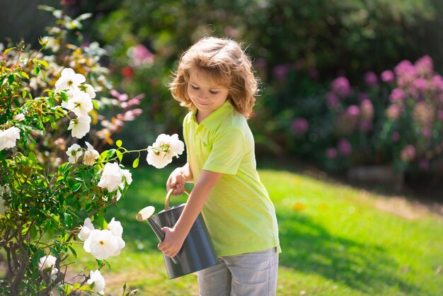 Kind gießt Wasser auf die Bäume Kind hilft bei der Pflege der Pflanzen im Garten kleiner Junge mit einem wa