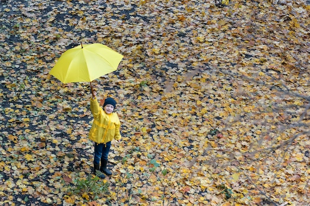 Foto kind hob den regenschirm über seinen kopf. porträt des kindes im herbstpark. ansicht von oben