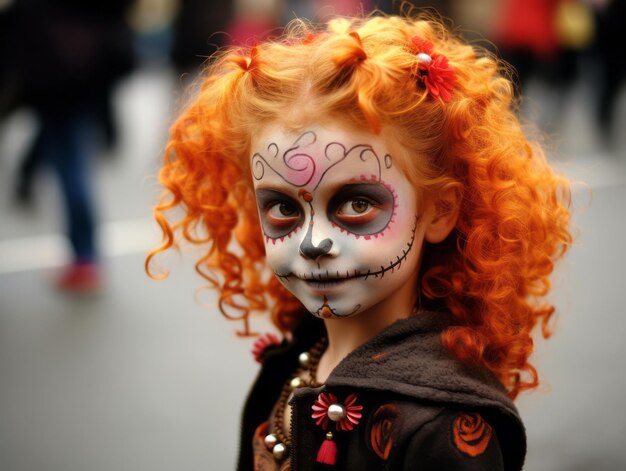 Kind im Day of the Dead-Make-up mit verspielter, emotionaler, dynamischer Pose