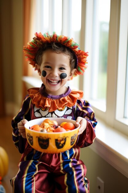 Kind im Halloween-Kostüm hält eine Schüssel Süßigkeiten mit schelmischem Grinsen in der Hand