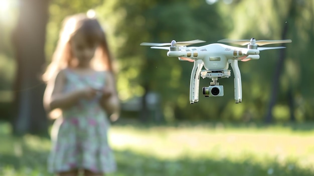 Kind im Hintergrund verschwommen, das an einem Sommertag im Freien mit einer Drohne spielt.