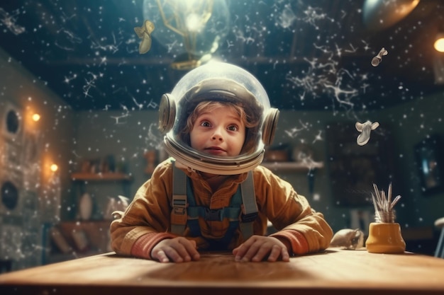 Kind im Raumanzughelm schwebt durch das Klassenzimmer und studiert Astrologie, wunderschöne generative KI AIG32