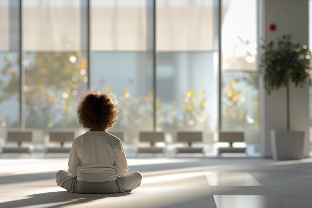 Foto kind in der meditationspose mit dem gesicht zum sonnigen fenster