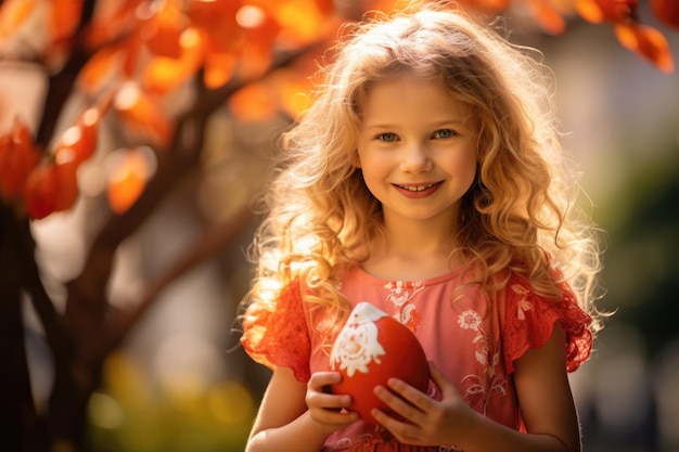 Kind in einem blumigen Kleid mit einem Ostereier im Freien