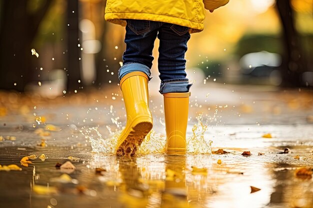 Kind in gelben Gummistiefeln springt in eine Pfütze nach dem Regen, umgeben von Straßenschirmen