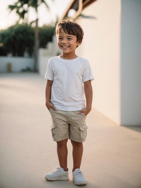 Kind in weißem T-Shirt lächelndes Modell von Kindert-T-Shirt